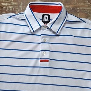 Footjoy FJ Mens Polo Golf Shirt Large Red White‎ Blue Striped Performance Logo